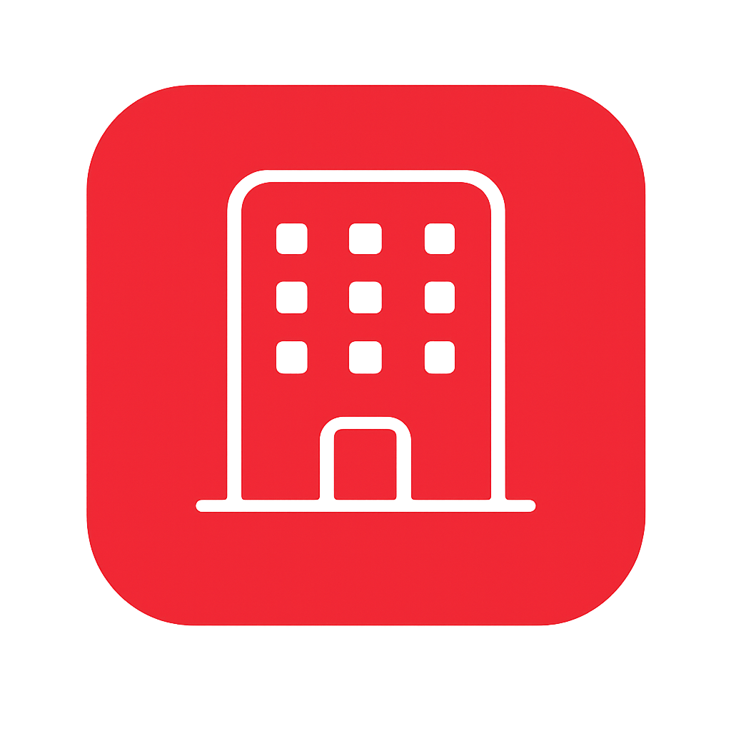 Minimalist flat design building icon A simple lineart building in white with a rectangular structure rounded corners and evenly spaced window details